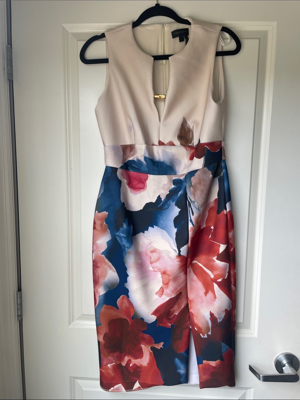 Donna Karan Blush Bodice Floral Midi Dress with Blue and Red Accents